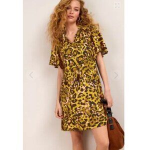 Next Angel Sleeve Leopard Print Mini Dress, Green Multi | Size 8 (UK 12)